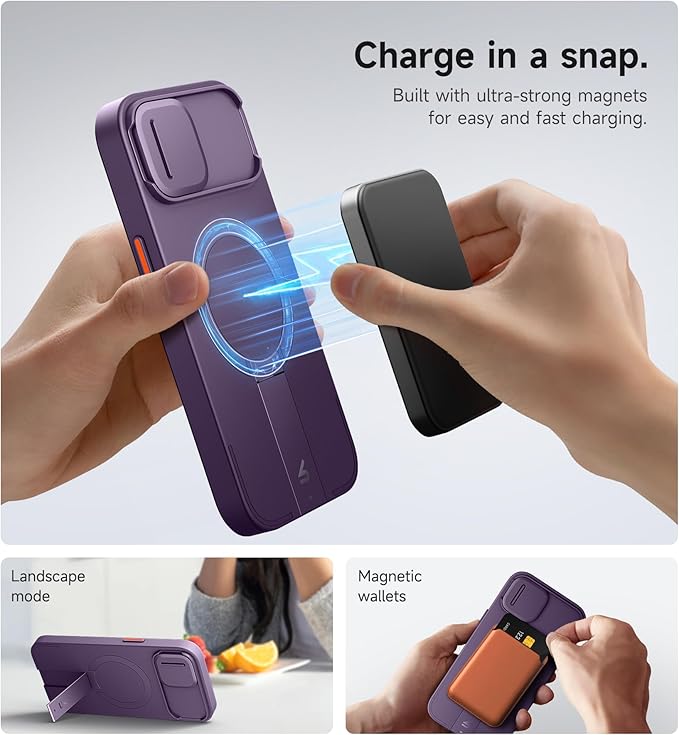SURITCH for iPhone 13/14 Case with Magnetic Camera Slide Cover and Adjustable Kickstand, Compatible with MagSafe, Shockproof Bumper Case Slim Protective Cover for iPhone 13/14 6.1 Inch, Dark Purple