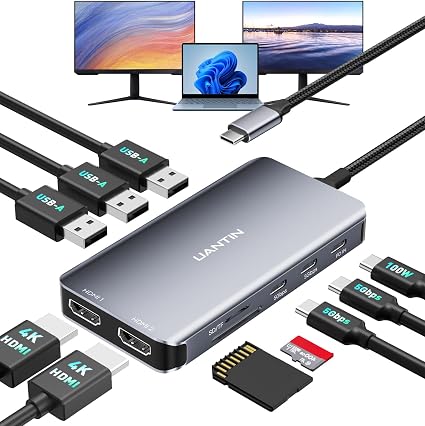 UANTIN Laptop Docking Station Dual Monitor, 10-in-1 USB C Hub with 4K HDMI