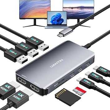 UANTIN Laptop Docking Station Dual Monitor, 10-in-1 USB C Hub with 4K HDMI