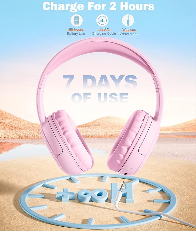 Kids Headphones, Over-Ear Headphones Bluetooth Wireless Kids with Mic, 85/93dB Volume Limited, Stereo Sound, Wired Inline AUX Cord Headphones for Children Boy Girl Teens, Pink