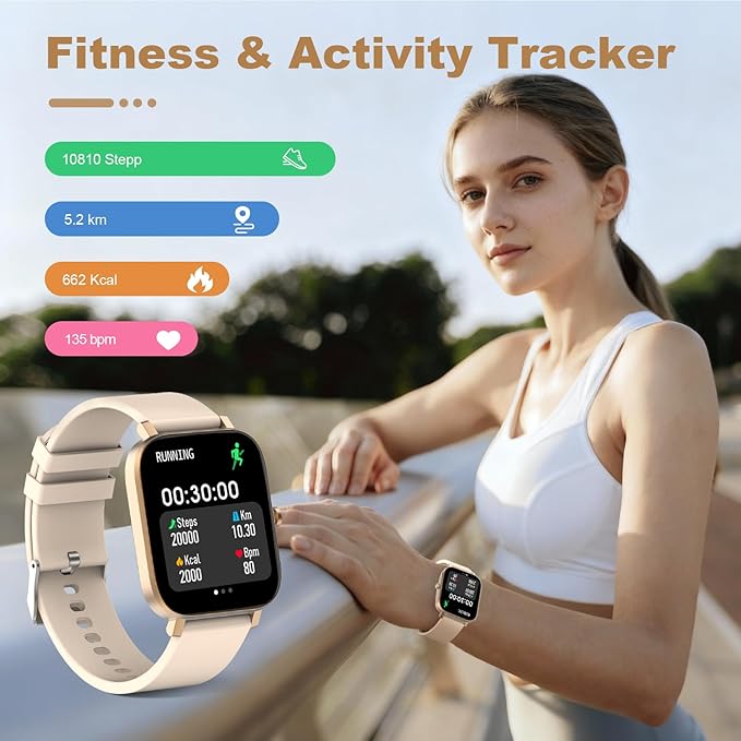 Smart Watch for Men Women Compatible with iPhone Samsung Android Phone 1.69 inch Full Touch Screen IP68 Waterproof Bluetooh Fitness Tracker Heart Rate/Sleep Monitor (Gold)
