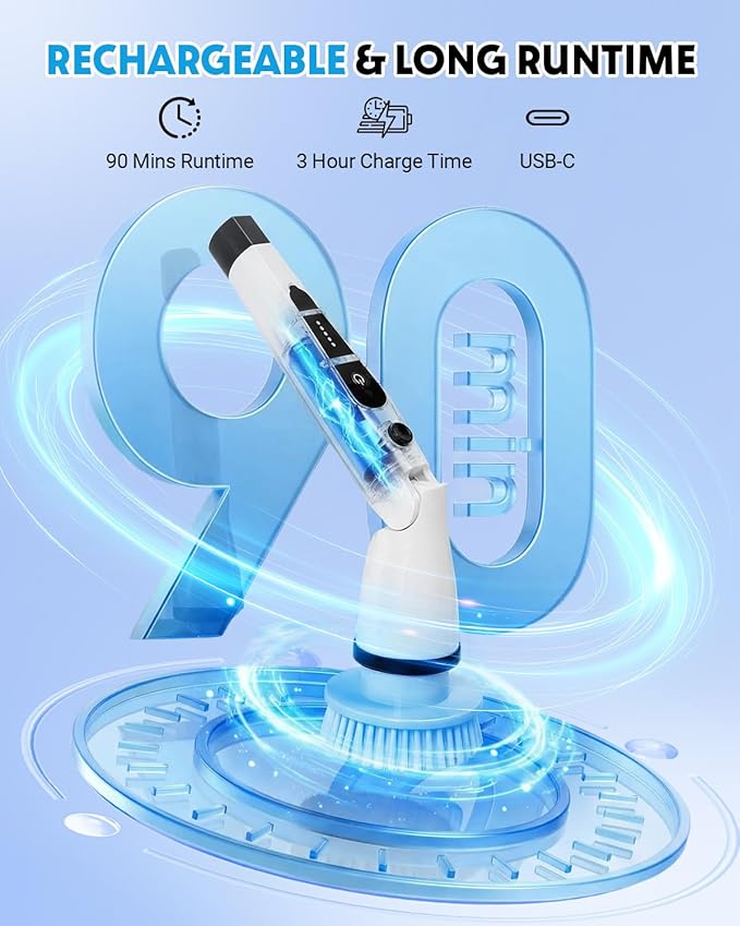 Electric Spin Scrubber, Shower Scrubber with Long Handle, 7 Brush Heads, 2-Speed Cordless Bathroom Cleaning Brush, 54in Extendable Electric Cleaning Brush for Tub, Tile, Floor & Kitchen