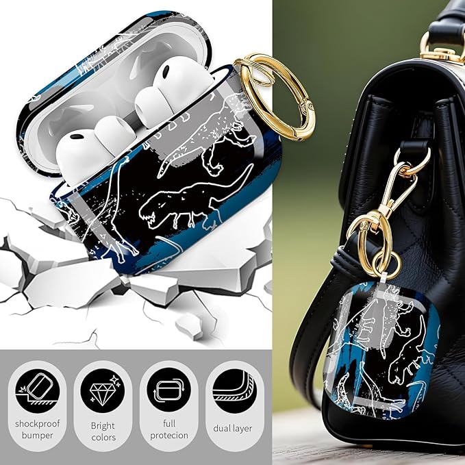 Cute Hard Case Compatible with AirPods Pro 3rd Generation Case (2025), Shockproof Protective Cover with Golden Keychain Ring Clip (Hand Drawn Dinosaur)