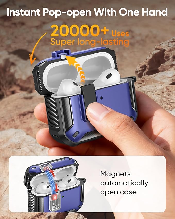 MoKo for AirPods Pro 3 Case with Lock 2025 - Compatible with MagSafe, Phone Stand & Auto Pop-up for AirPods Pro 3rd Generation Case, Military-Grade Protective Cover with Cleaner Kit, Black + Dark Blue