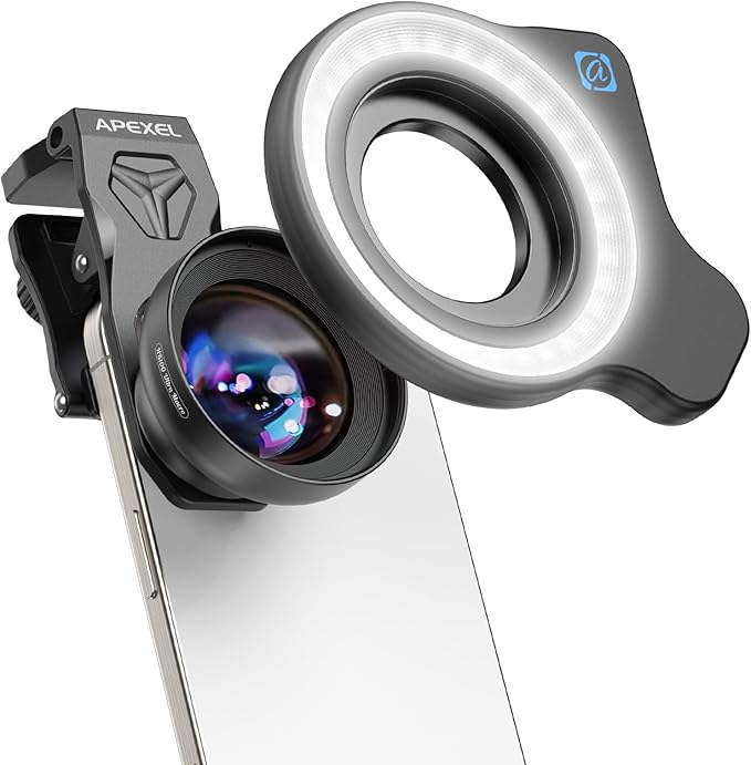 Upgraded Professional Macro Lens for Smartphone with Ring Light, HB100U Macro Photography Lens, Aluminum Phone Camera Lens Kit with Universal Clip. Phone Lens Attachment Fit for iPhone/Android Phone