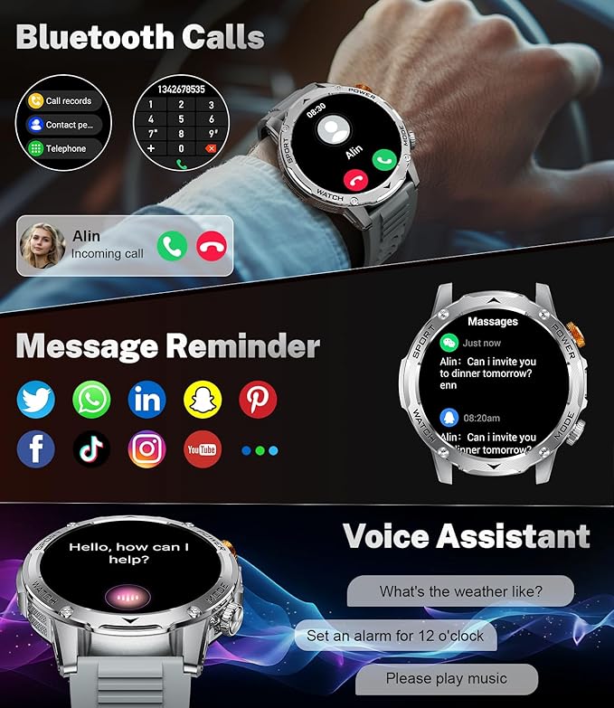 Military Smart Watches 1000 mAh Battery/Flashlight,1.75'' HD Display Smart Watch for Men with Call,IP68 Waterproof Fitness Watch with Heart Rate,Sleep Monitor,100+ Sport Modes,for iOS Android,3 Bands