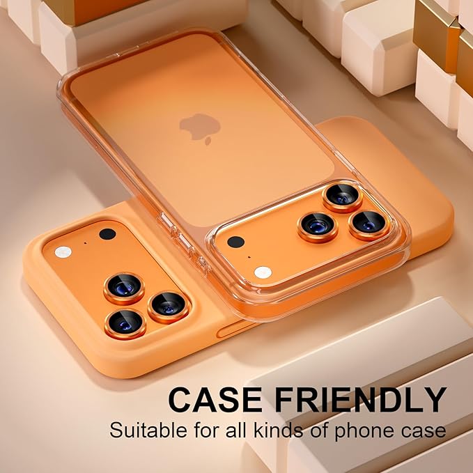 Misea Compatible for iPhone 17 Pro/iPhone 17 Pro Max Camera Lens Protector, Ultra-HD Tempered Glass Camera Cover Screen Protector Metal Individual Ring Protector Decoration Accessories, Orange