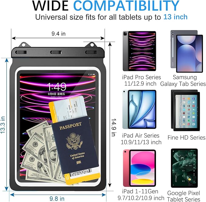 Universal iPad Waterproof Case Dry Bag Pouch for iPad Pro 12.9" 6th/5th/4th/3rd Gen iPad Pro 11" iPad 11th A16 iPad Air 6/5/4 10.9" Galaxy Tab S10+ S9+ S8+ Galaxy Tab S10/S9 FE+