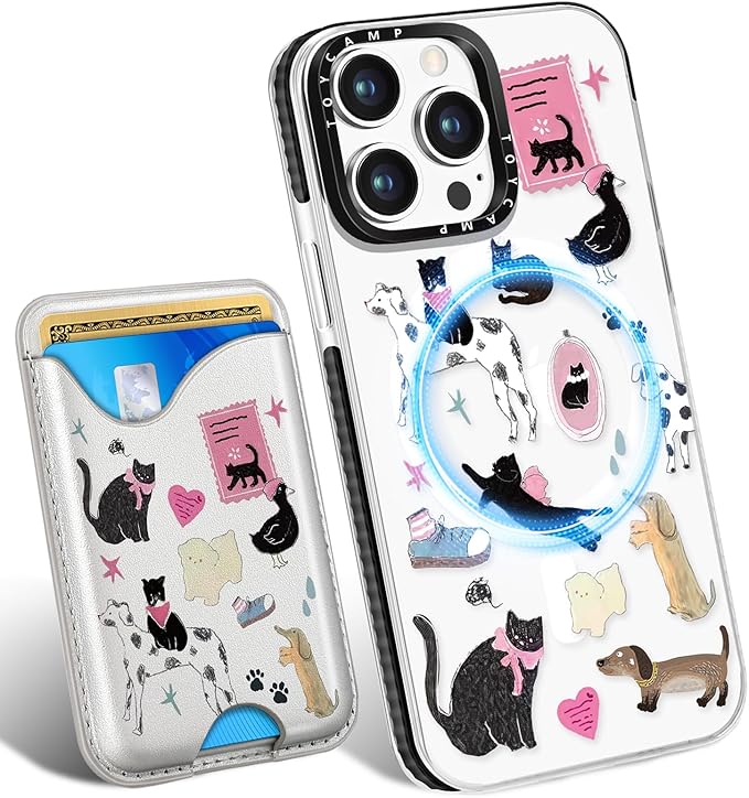 Toycamp for iPhone 14 Pro Max Case - Compatible with Magsafe Credit Card Holder Wallet Magnetic Cute Women Teen Girls Kawaii Girly Unique Cats Dogs Design Phone Cover for iPhone 14 Promax