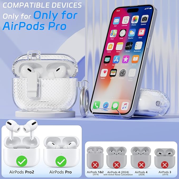 for AirPods Pro 2 Case with Phone Stand & Secure Lock, Auto-Open Clear Cover Compatible with Apple AirPods Pro 2nd/1st Gen (2023,2022,2019) with Cleaning Kit & Keychain (W-White)