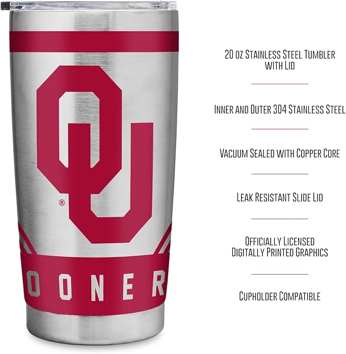 Rico Industries NCAA 20oz Stainless Steel Tumbler with Lid - Great For Coffee, Tea, Water or Cocktails