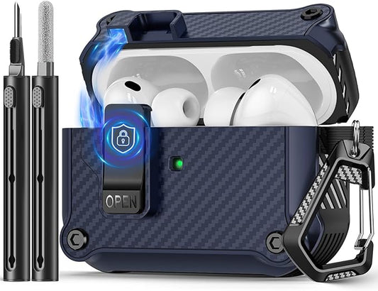 Compatible with AirPods Pro 3 Case,Magnetic Automatic Lock with Cleaning Kit,Compatible with Magsafe,Carbon Fiber Texture Cover-Blue
