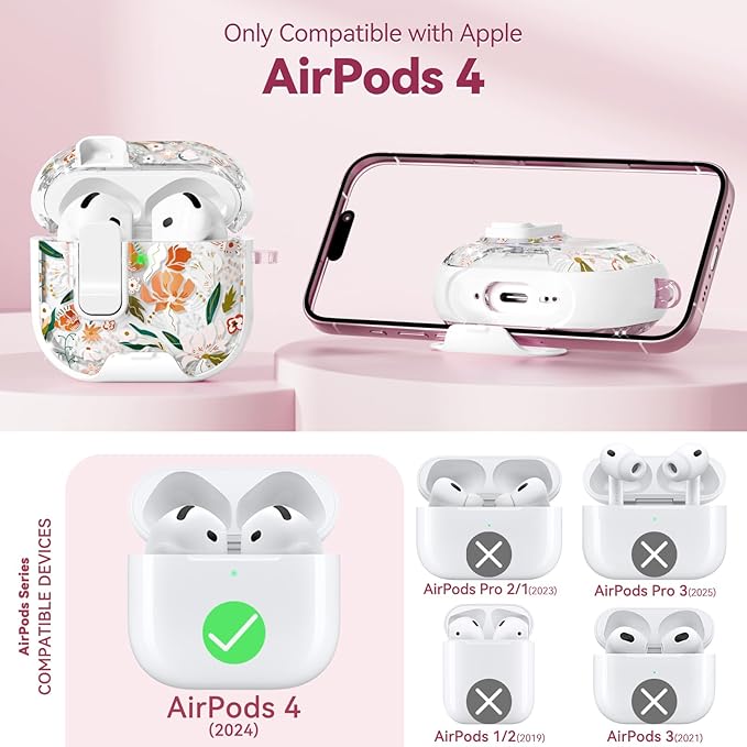 with Safety Lock for Apple AirPods 4 Case,Clear Floral Cute AirPod 4th Generation Case with Phone Stand & Cleaning Kit for Women Girly-Orange Flower
