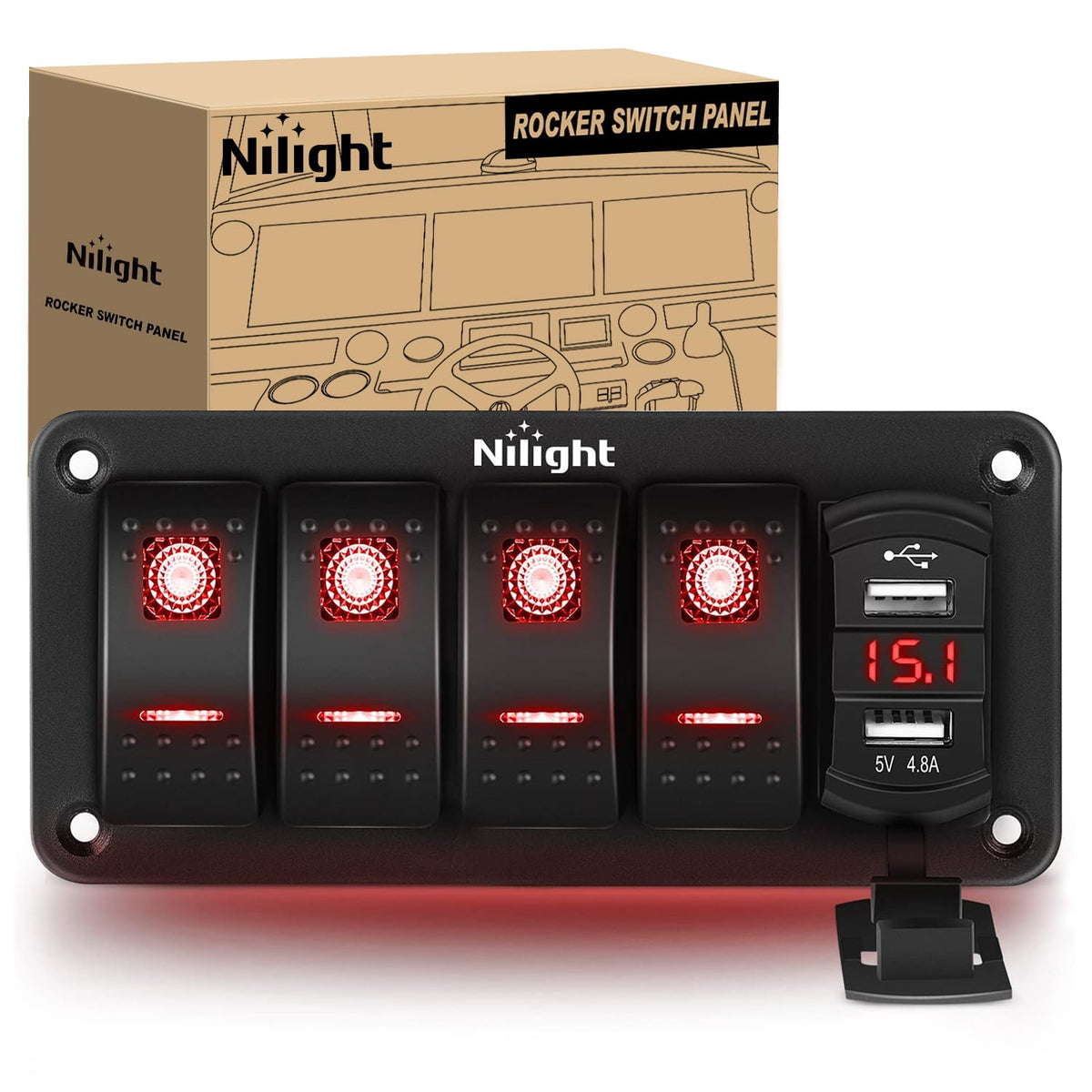 Nilight 4 Gang Rocker Switch Panel with Dual USB Socket Voltmeter