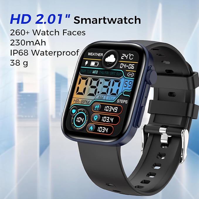 Smart Watches for Men Women, 2.01" HD Screen with 200+ Watch Faces, Heart Rate/SpO2/Sleep Monitor, 123 Sports Modes, IP68 Waterproof Fitness Tracker, Make/Answer Calls, Compatible with Android iPhone