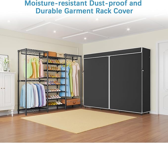VIPEK S3C Heavy Duty Covered Clothes Rack Portable Closet Rack, Black Metal Clothing Rack with Black Upgarded Polyester Cover, Adjustable Custom Freestanding Closet Wardrobe, Max Load 1060LBS