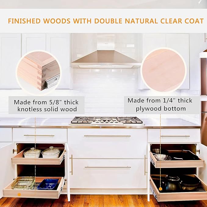 13”W x 21”D x 3”H Soft Close Slide Out Wood Drawer Organizer for Kitchen, (Cabinet Opening Width>14.5 inches for Bottom Assembly, Width= 14 inches for Side Assembly)