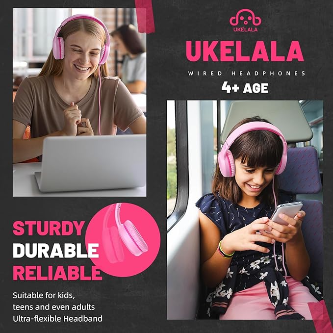 Pink Wired Headphones for Boys Portable On Ear Youth Headphones for School Airplane Travel Lightweight Portable Compatible with Pad Computer Laptop for Adults Student Children Girls Kids