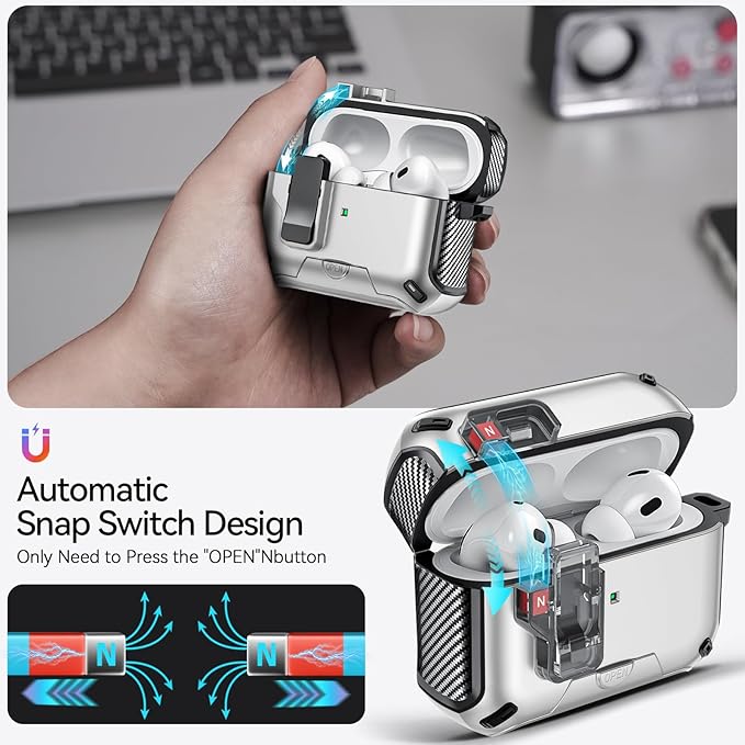 for AirPods Pro 2nd/1st Case (2023/2022/2019) with Phone Stand,（with Automatic Snap Switch） Carbon Fiber Design Protection Cover with Cleaning Pen,Silver