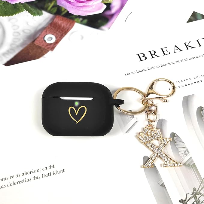 Compatible with AirPods Pro 3 Case Cover (2025), Soft Silicone Case with Gold Heart Pattern for AirPods Pro 3rd Generation Case with Rhinestone Studded Letter A-Z Keychain (X Black)