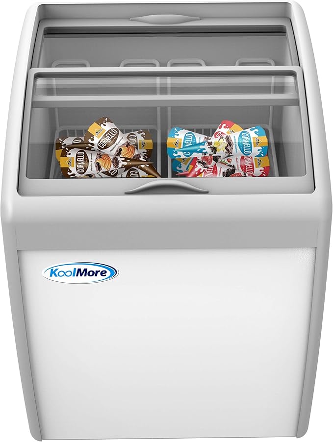 KoolMore - MCF-6C Commercial Ice Cream Freezer Display Case, Glass Top Chest Freezer with 2 Storage Baskets and Clear, Sliding Lid, 5.7 cu. ft. Capacity, White