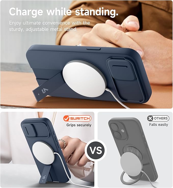 SURITCH for iPhone 17e/16e Case with Magnetic Camera Slide Cover and Adjustable Kickstand, Compatible with MagSafe, Shockproof Bumper Case Slim Protective Cover 6.1 Inch,Blue
