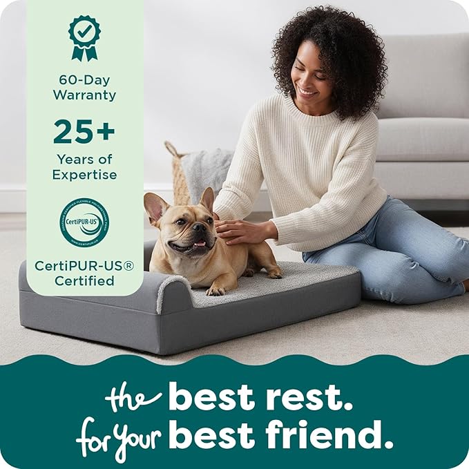 FurHaven Orthopedic Dog Bed for Small/Medium Dogs, L-Shaped Chaise Mattress with Egg Crate Orthopedic Memory Foam for Joint Support, Removable Washable Cover, Medium, Faux Fur & Suede, Stone Gray