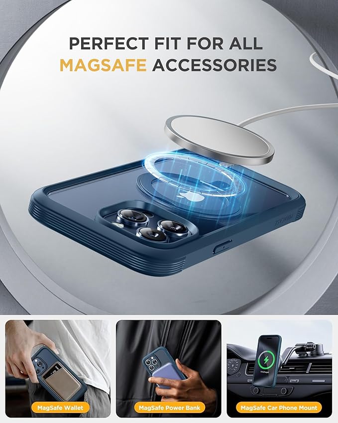 Miracase for iPhone 15 Pro Max Case with 360° Magnetic Ring Stand [Compatible with Magsafe] Full-Body Drop Proof Bumper Phone Case with Built-in 9H Tempered Glass Screen Protector,Blue