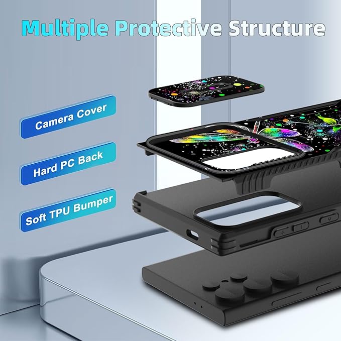 for Galaxy S24 Ultra Case Built in Slide Camera Lens Cover,Heavy Duty Shockproof Protection Dual Layer Case for Samsung Galaxy S24 Ultra 6.8" 2024,Dragonfly and Daisy Flower