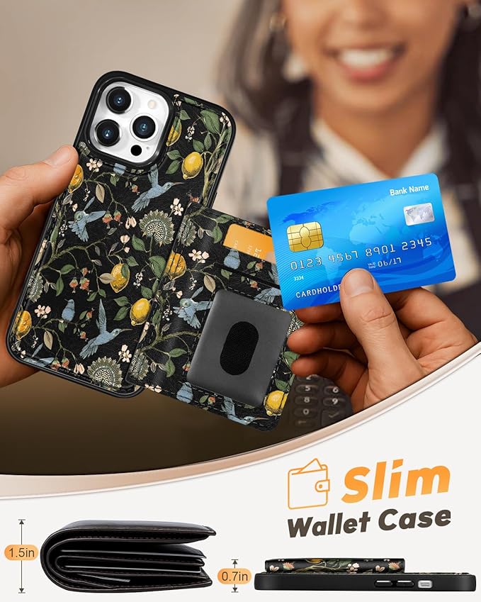 for iPhone 12 Pro Max Case with Wallet - Fits 4 Card Slots, Compatible with MagSafe for Women Aesthetic PU Leather Credit Card Holder Kickstand Phone Cover for Apple 12 Promax, Lemon Bird