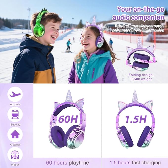 QearFun Kids Unicorn Bluetooth Headphones, 60H Playtime, 74/85/94dB Safe Volume Limit, Metallic Gradient Wireless Headset with Mic, Fast Charging, Foldable, Wired Mode for Girls School/Tablet/Travel