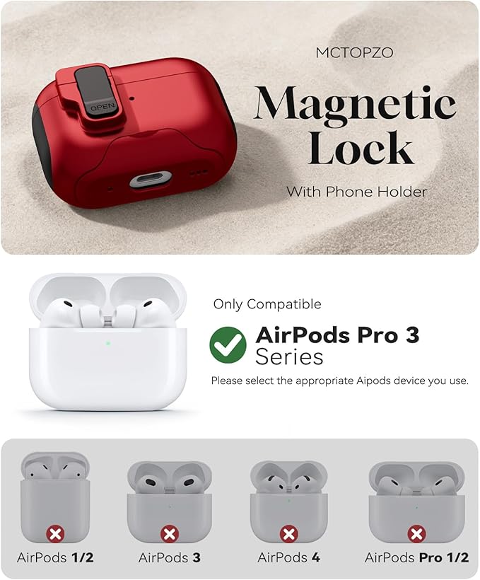 Compatible with AirPods Pro 3 2025 Case with Phone Stand & Cleaning Kit,Magnetic Automatic Lock Design Cover for Air pods Pro 3rd- (Red)