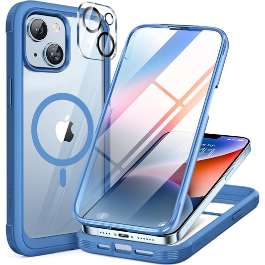 Miracase Magnetic for iPhone 14 Case 6.1", [Built-in Tempered Glass Screen Protector + Lens Protector] [Compatible with MagSafe] Full-Body Protective Bumper 14 Phone Cover, Blue