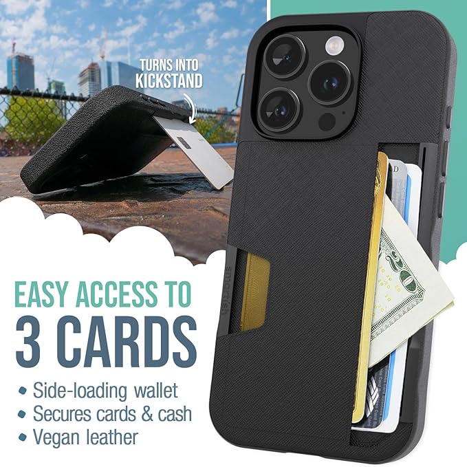 Smartish® iPhone 16 Pro Wallet Case - Wallet Slayer Vol. 2 [Slim + Protective] Credit Card Holder w/Kickstand - Drop Tested Hidden Card Slot Cover Compatible w/Apple iPhone 16 Pro - Black Tie Affair