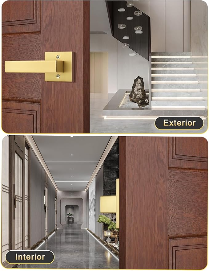 4 Pack Gold Dummy Lever Door Handles for Closets French Doors, Satin Brass Finish, Interior Dummy Door Locksets for Hall Closet Door Knobs Lock Reversible Right & Left Handed