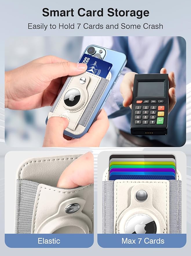 Miroddi for MagSafe Wallet with AirTag Holder, Magnetic Wallet Card Holder for Back of iPhone 15/14/13/12 Series, AirTag MagSafe Leather Wallet, Hold Up to 7 Cards, RFID Blocking Protection, White