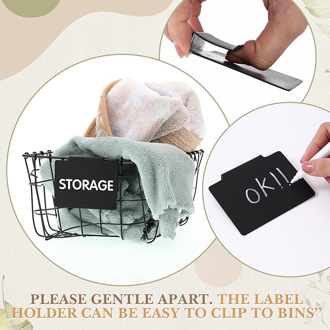 50 Pcs Basket Labels Clip Set for Storage Bins - Include 48 Removable PVC Bin Label Holders with 2 Chalk Markers for Kitchen Pantry Organization Labeling Box Shelf (Black)