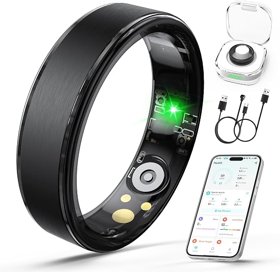 Smart Ring for Women Men, Health Fitness Tracker Ring with Heart Rate/Sleep Tracker/Blood Oxygen/HRV/Stress/Calorie/Steps, IP68 Waterproof for iOS & Android, No APP Fees(Black,9#)
