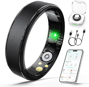 Smart Ring for Women Men, Health Fitness Tracker Ring with Heart Rate/Sleep Tracker/Blood Oxygen/HRV/Stress/Calorie/Steps, IP68 Waterproof for iOS & Android, No APP Fees(Black,9#)