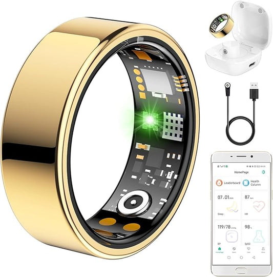 Ring Health Tracker for Women Men, Fit Ring with Heart Rate, Blood Oxygen, Sleep Monitor, Calories, Step Counter, IP68 Waterproof Smart Ring for iPhone & Android, No Subscription Fee (Gold, 10#)
