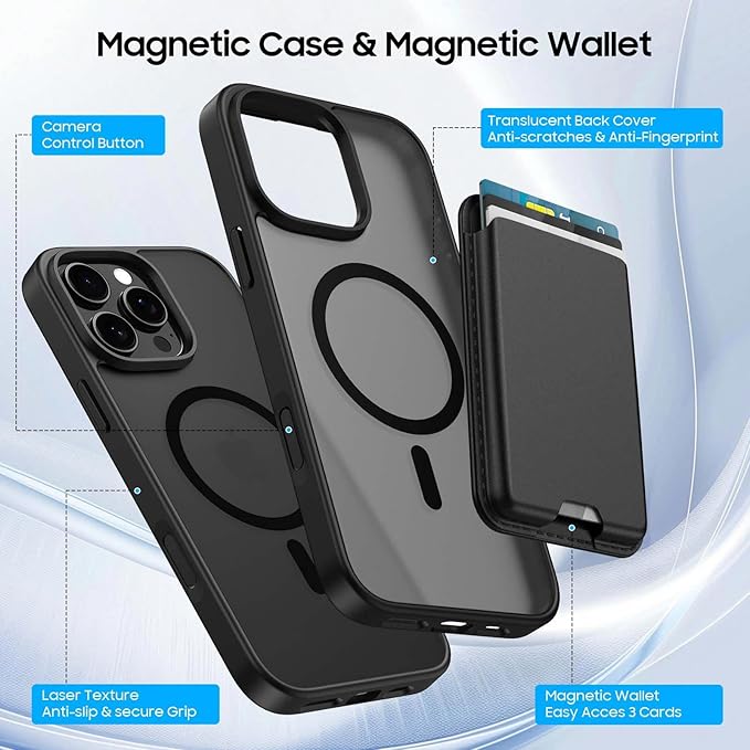 Magnetic for iPhone 16 Pro Max Case with Detachable Wallet, Compatible with MagSafe, Credit Card Holder with Slim Shockproof Protective Phone Cover, Black