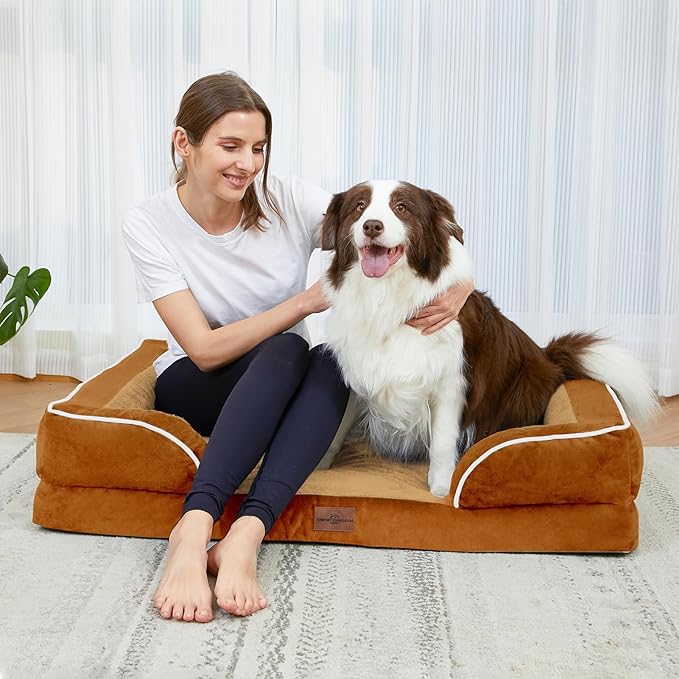 Comfort Expression Orthopedic Dog Bed for Medium Dogs 30x20 Inch, Waterproof Supportive Egg Crate Foam Medium Pet Bed with Removable Bolsters, Dog Couch with Washable Cover & Non-Slip Bottom, Orange