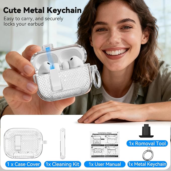 for AirPods Pro 3 Case with Phone Stand & Secure Lock, Auto-Open Clear Case Cover Compatible with Apple AirPods Pro 3rd Generation with Cleaning Kit & Keychain