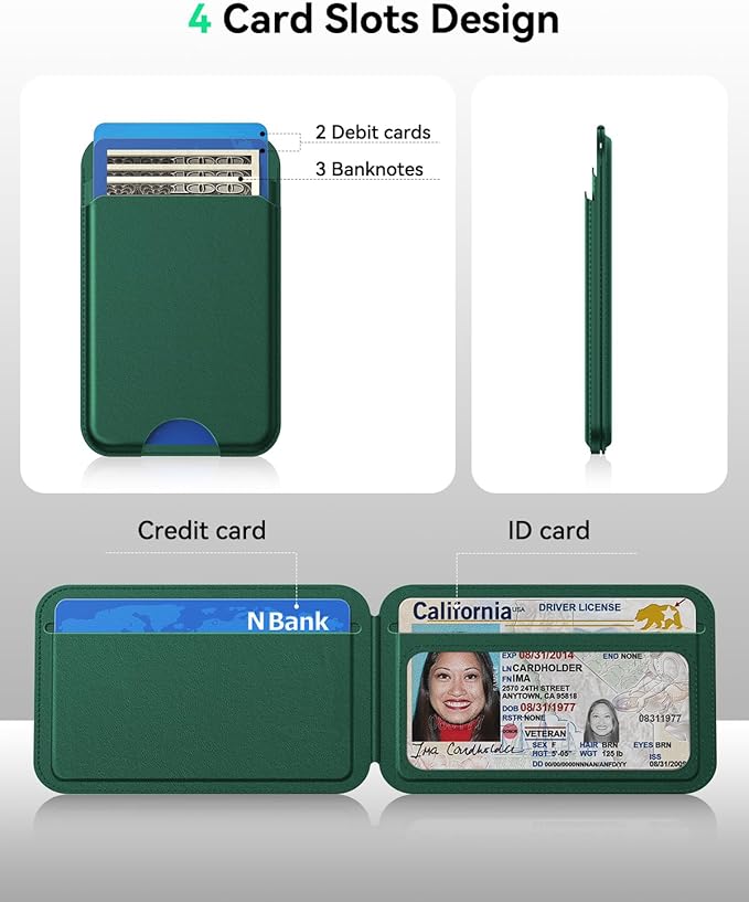 for MagSafe Wallet with Stand, 5 Card Holder, Slim Leather Magnetic Wallet for iPhone 17/16/15/14/13/12 Pro Max Plus Air Series, 3 Card Slots & 1 Cash Slot,Green