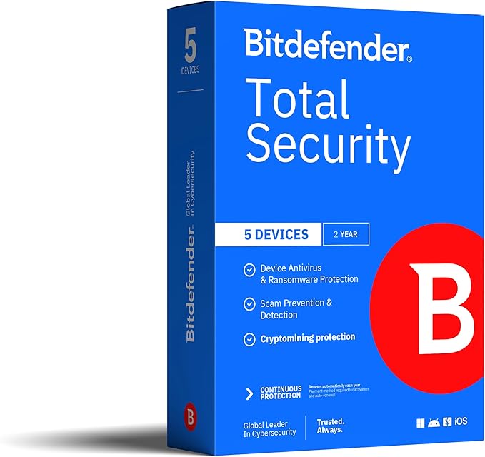 Bitdefender Total Security – Complete Antivirus and Internet Security Suite – 5 Devices | 2 year Subscription | PC/Mac | Activation Code by Mail