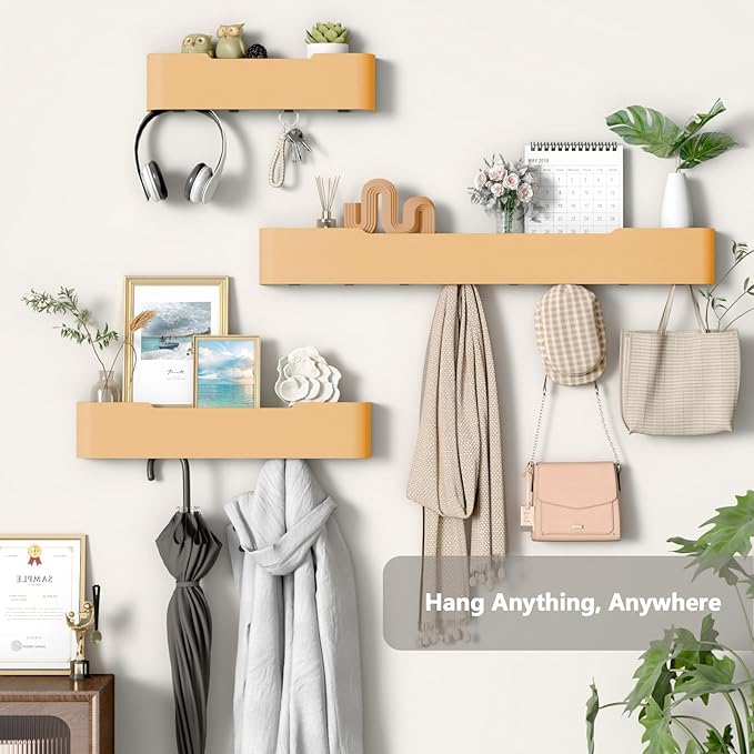 Coat Rack Wall Mount Entryway Organizer Modern Key Holder Wall Mount with Wooden Shelf Entryway Hooks for Bedroom Kitchen Hallway Bathroom for Hanging Coats Hats Dog Leashes Bags Towels