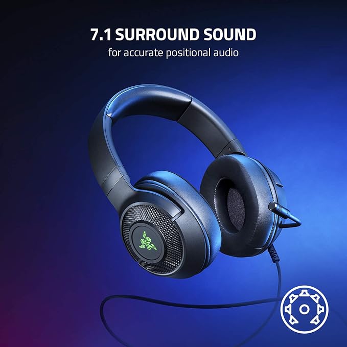 Razer Kraken V3 X Gaming Headset: 7.1 Surround Sound - Triforce 40mm Drivers - HyperClear Bendable Cardioid Mic - Chroma RGB Lighting - for PC - Classic Black