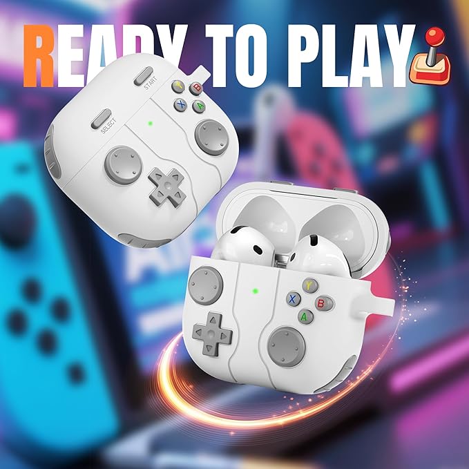 for AirPods 4 2024 Case Cover with Cleaner Kit, Keychain, Compatible with Apple Airpods 4 Case Cover, Cute Funny Game Console Shock-Proof Protective Silicone AirPod 4 Case Covers for Men Boy-White