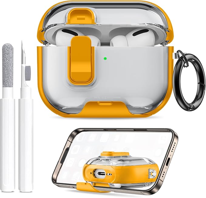 for AirPods Pro 3 Case (2025) with Phone Stand & Cleaner Kit, Cute Soft Silicone Cover for AirPods Pro 3rd Genera case with Keychain for Women Men with Keychain for Airpod Pro case(2025) Yellow