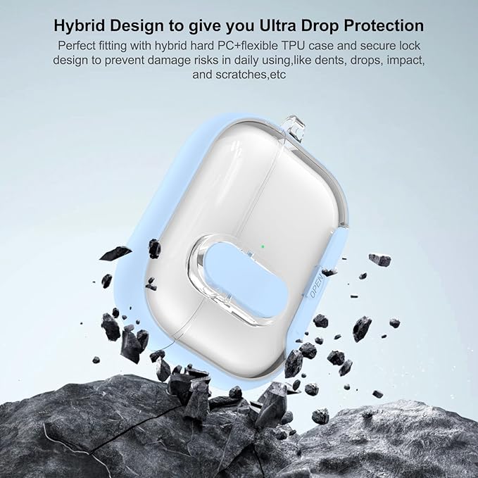for Airpods Pro 3 Case Clear,Secure Lock for Airpods pro 3rd Generation Case Cover with Phone Stand and Magsafe Function,Auto Pop-up,Hybrid Protection Design with Carabiner&Cleaning Pen-Blue